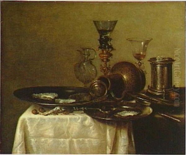 Stilleven met drinkglazen, een liggende steengoed kan, schalen met oesters en een zoutvat Oil Painting by Willem Claesz. Heda