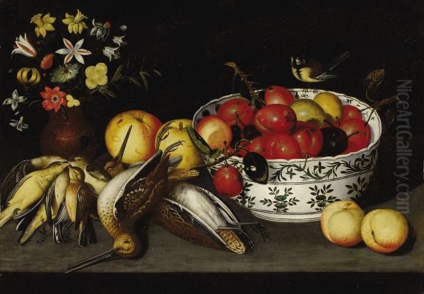 Still lifes with flowers, birds, and fruit Oil Painting by Francesco Codino