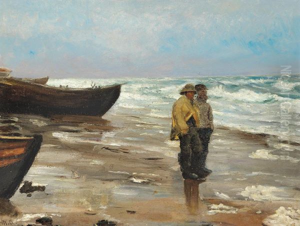 Fiskere pa stranden med deres bade. Oil Painting by Michael Peter Ancher