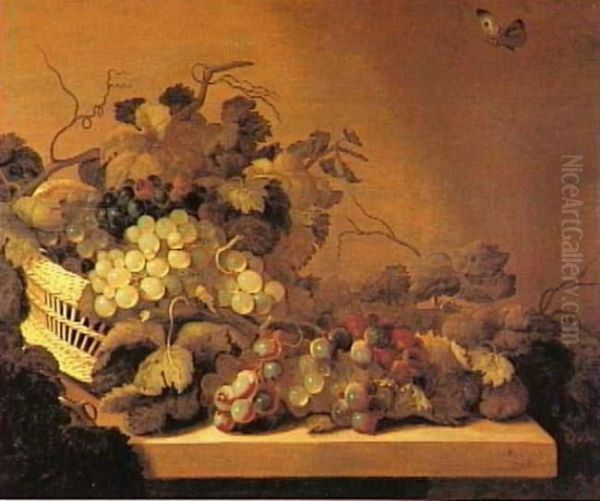 Still life with basket of wine grapes with leafy vines Oil Painting by Roelof Koets