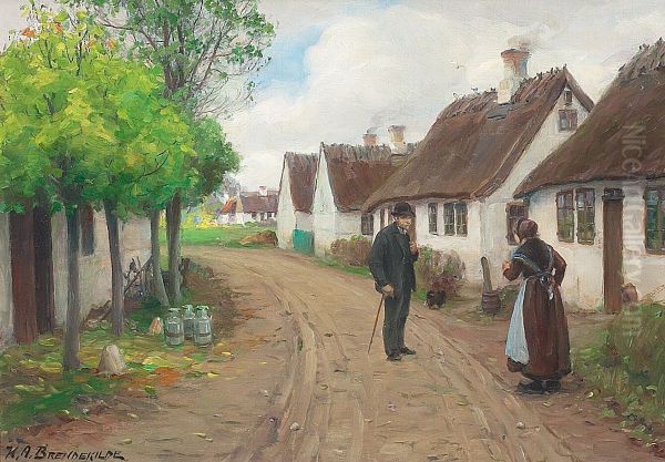 Village scene from Jyllinge with persons talking. Oil Painting by H. A. Brendekilde