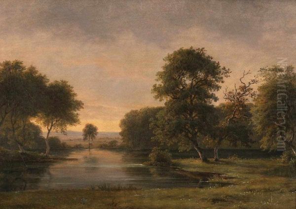 Forest scene in Jaegersborg Dyrehave, Copenhagen Oil Painting by F.C. Kiaerskou