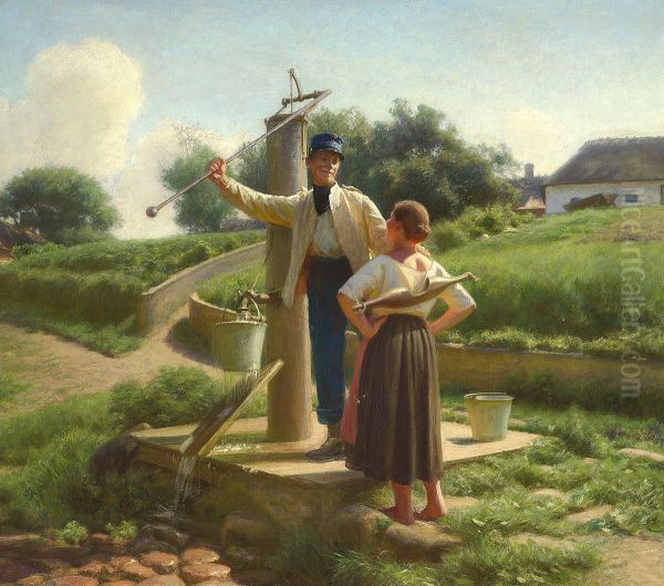 Conversation at the water post. Oil Painting by Hans Ole Brasen