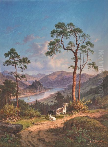 Goats in the mountains, in the backgroundSchreckenstein Castle Oil Painting by Ernst Gustav Doerell