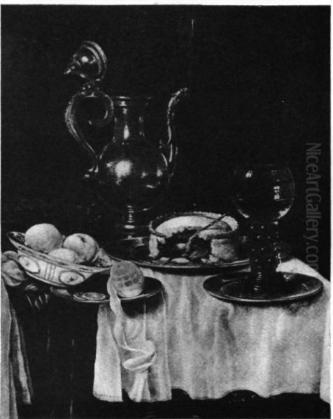 Still life with a silver decanter on a table laid with ham Oil Painting by Willem Claesz. Heda