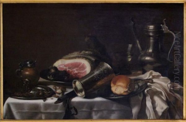 Still life with a ham, a Jan Steen jug, mustard jar and silver cup Oil Painting by Pieter Claesz