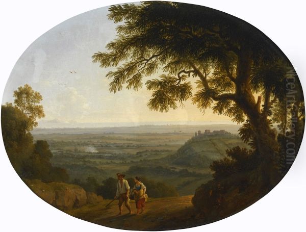 A view across the Alban Hills a hilltop on the right and the ses in the far distance Oil Painting by Jacob Philipp Hackert