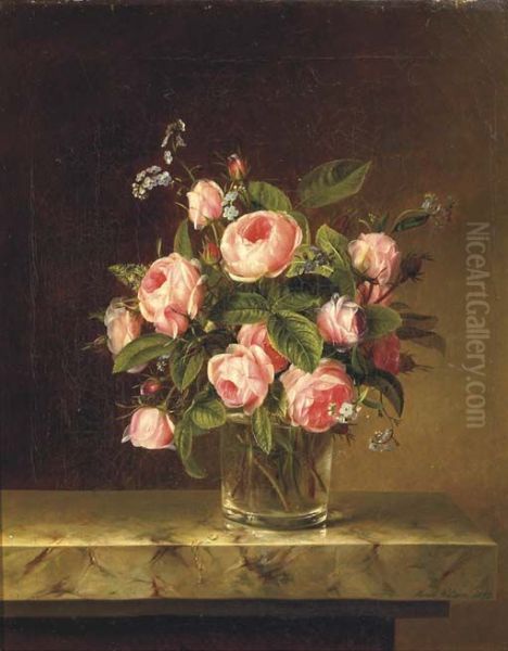 Pink roses and forget-me-nots in a glass on a marble ledge. Oil Painting by Hanne Hellesen