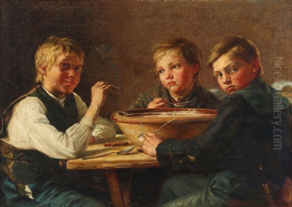 Interior with three boys. Oil Painting by H.C. Koefoed