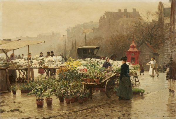 Blumenmarkt in einer hollandischen Stadt Oil Painting by Hans Herrmann