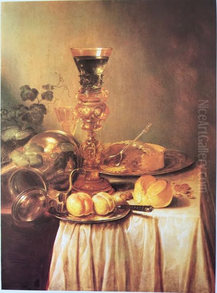 Still life with goblet holder and fallen Jan Steen pitcher Oil Painting by Adriaen Jansz Kraen