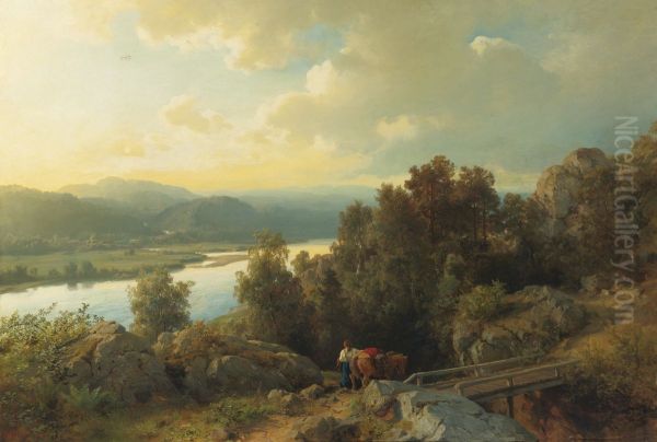 A lakeside landscape Oil Painting by Hans Gude