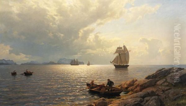 Sailing into the Oslo fjord Oil Painting by Hans Gude