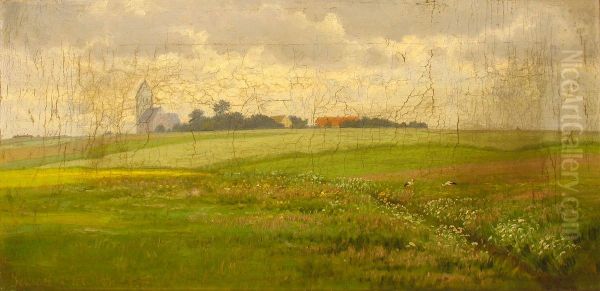 A field with two storks and a village in the distance. Oil Painting by Hans Friis