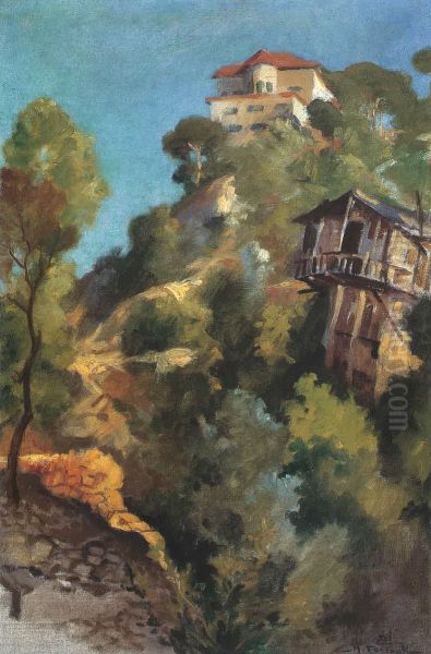 Bikfaya. Le Palais et la Cabane. Oil Painting by Moustafa Farroukh