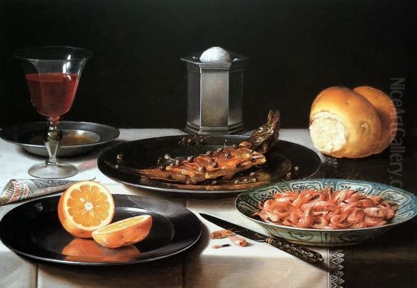 Breakfast still life with herring, shrimp, bread, orange and red wine Oil Painting by Pieter Claesz