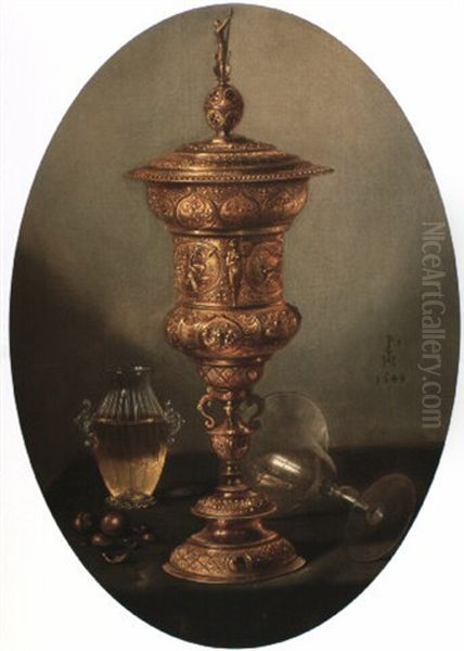 Still life with a gilt covered beaker, fallen wine glass and facon de Venise flask Oil Painting by Pieter Claesz