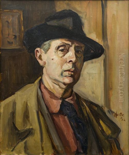 Zelfportret met hoed Oil Painting by Louis Hartz