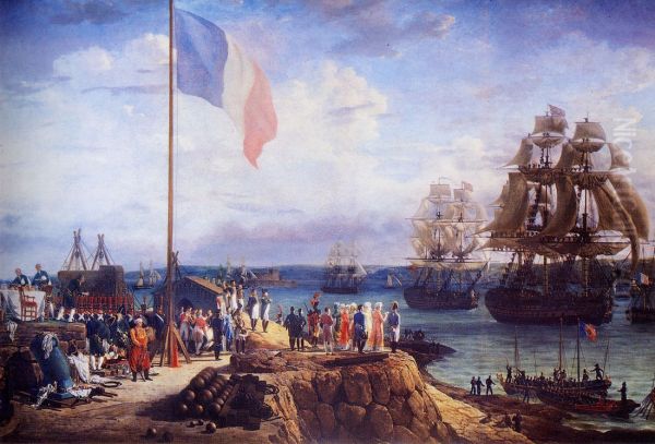 Napoleon and Marie Louise attending the parade of the squadron in Cherbourg, in 1811. Oil Painting by Louis-Philippe Crepin