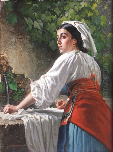 Italian girl by a fountain Oil Painting by Karl Bryullov