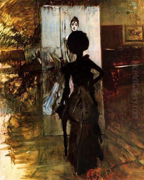 Frau in Schwarz, die auf das Pastellbild von Signora Emiliana Concha de Ossa schaut Oil Painting by Giovanni Boldini