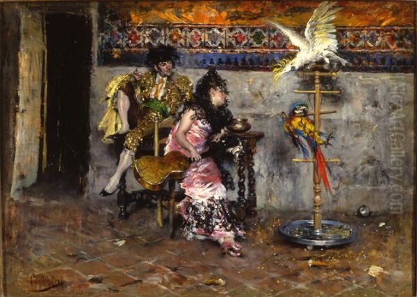 Couple in Spanish dress with parrots Oil Painting by Giovanni Boldini