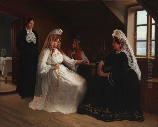 Interior with a bride and other women of Iceland at a table. Oil Painting by Aage Exner