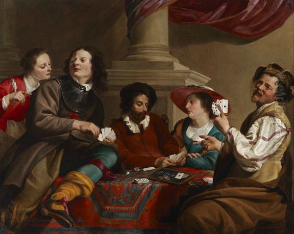 Card Players in an Interior Oil Painting by Theodoor Rombouts