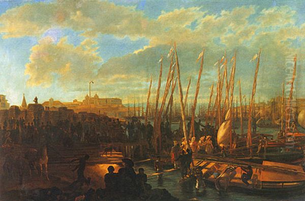 Historic Landscape of a Landing at the Largo do Paco Oil Painting by Felix Taunay, Baron of Taunay