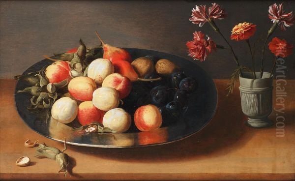 Peaches, pears, nuts and a vase of carnations on a table top Oil Painting by Jacob van Es