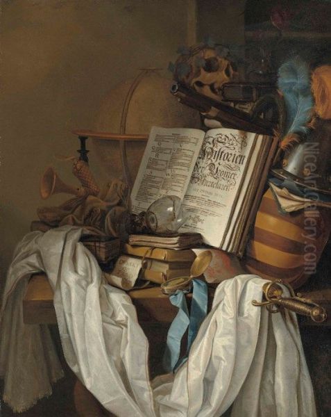 Still life with globe, instruments, books, broken roemer, skull and weapons Oil Painting by Vincent van der Vinne