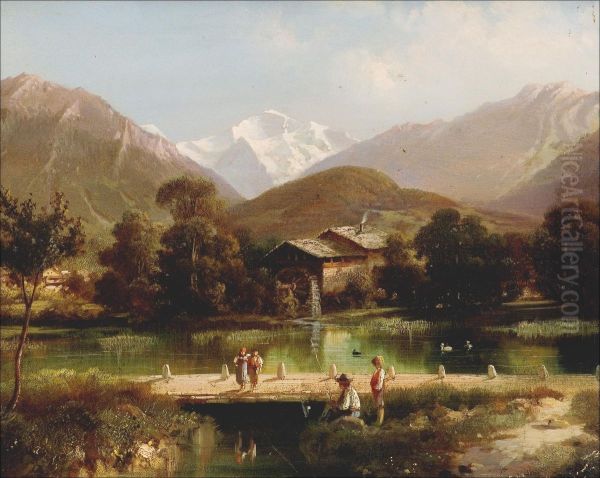 Wassermuhle mit Bergblick Oil Painting by Hubert Sattler