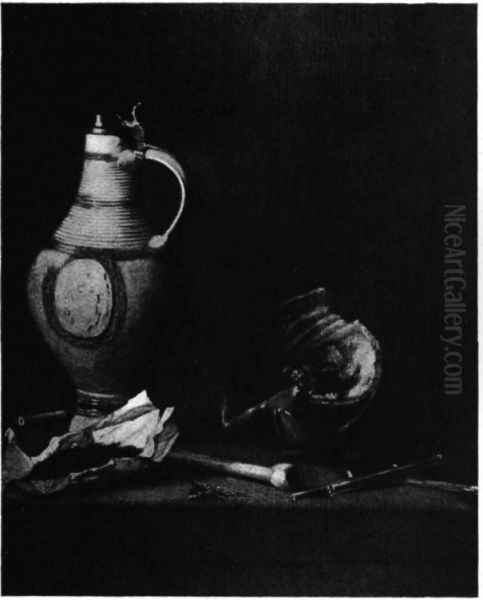 Still life with Westerwald stoneware pitcher with smoking attributes Oil Painting by Jan Fris