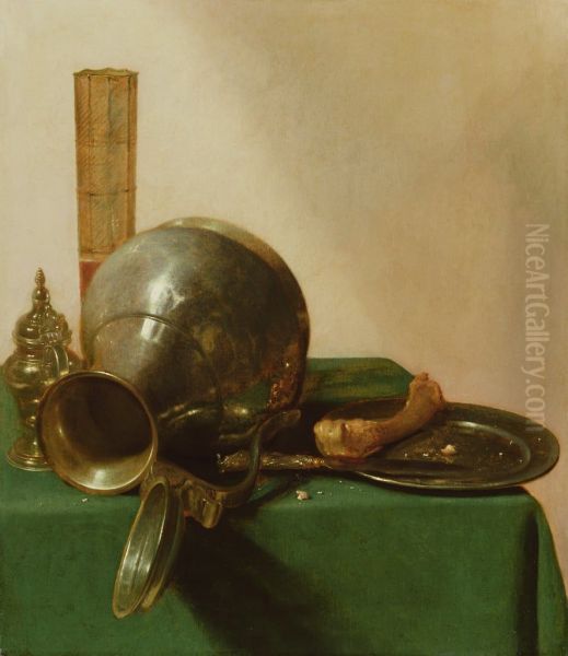 Still life with pasglas and overturned jug on a table Oil Painting by Jan Jansz Den Uyl