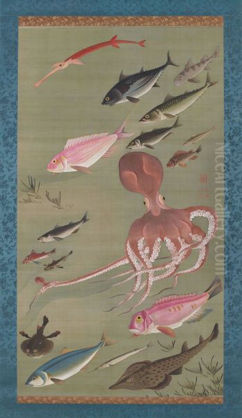 Fish and octopus Oil Painting by Ito Jakuchu