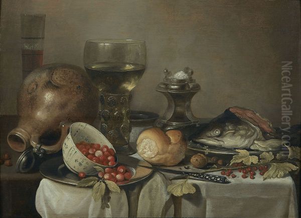 Nature mort avec bol de fraises, romer, tete de poisson et saliere Oil Painting by Pieter Claesz