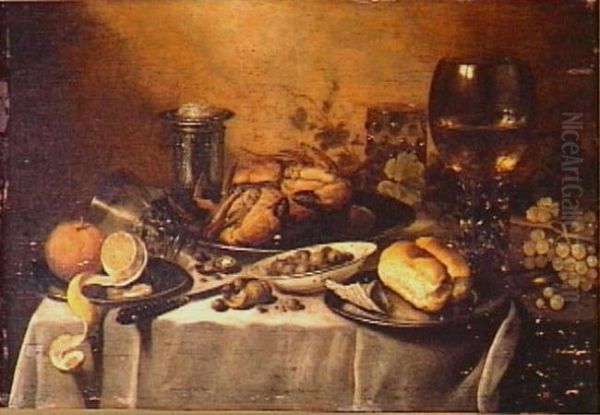 Still life with roemer, overturned berkemeyer, crab and salt cellar Oil Painting by Pieter Claesz