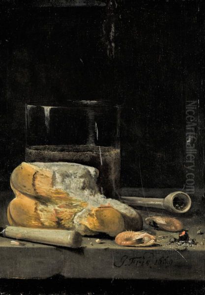 Still life of bread, prawns, a pipe and a glass of beer arranged on a table Oil Painting by Jan Fris