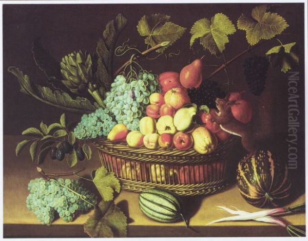 Still life with a basket of fruit, vegetables and a squirrel Oil Painting by Abraham Gibbens