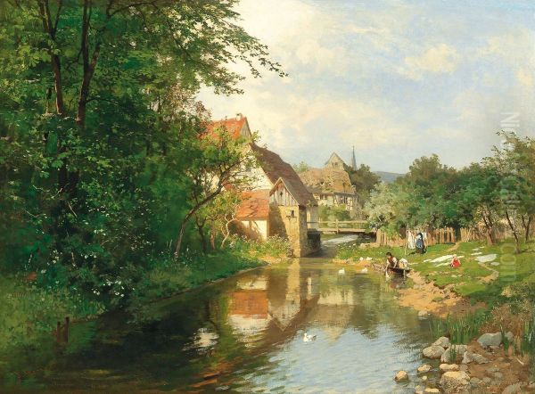 A village by the river Oil Painting by Hugo Darnaut