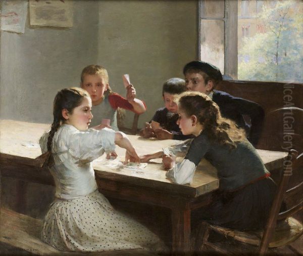 Interior with children playing cards Oil Painting by Hugo Salmson