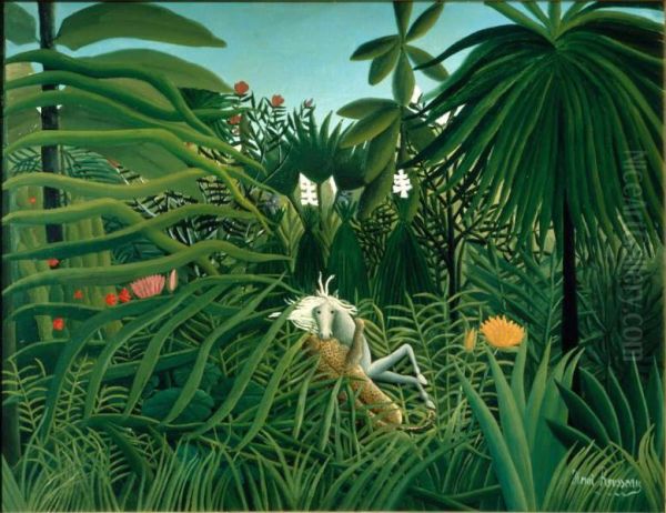 Jaguar Attacking a Horse Oil Painting by Henri Rousseau