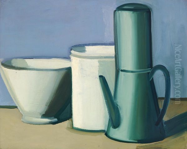 Opstilling med hoj fransk kaffekande samt hvid skal og krukke. Oil Painting by Vilhelm Lundstrom