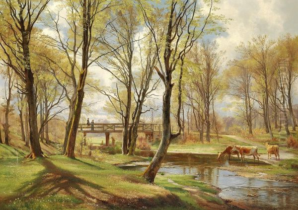 A spring day in the woods with two boys fishing from a bridge. To the right some cows. Oil Painting by Carl Frederik Aagaard