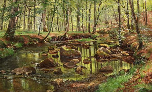 A spring day in the woods with the sunlight reflected in a stream. Oil Painting by Carl Frederik Aagaard