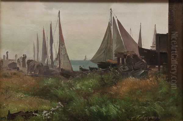 Fishing village with sailing ships. Oil Painting by Carl Frederik Aagaard