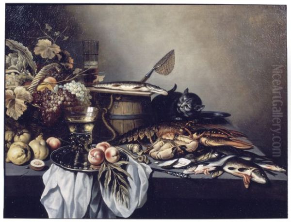 Stilleven met vruchten, vissen en een kat Oil Painting by Pieter Claesz