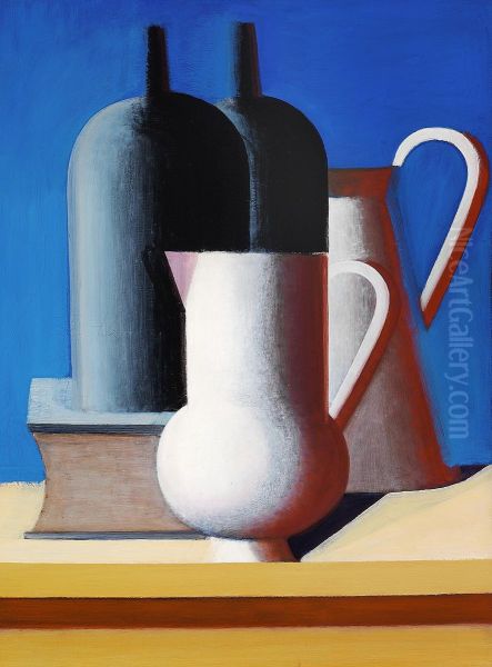 Still life with two white jugs and two black jars. Oil Painting by Vilhelm Lundstrom