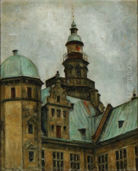 The lighthouse at Kronborg, Elsinore, seen from the courtyard. Oil Painting by Svend Hammershoi