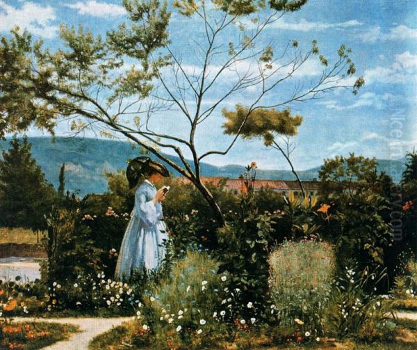 Among the flowers in the garden Oil Painting by Silvestro Lega